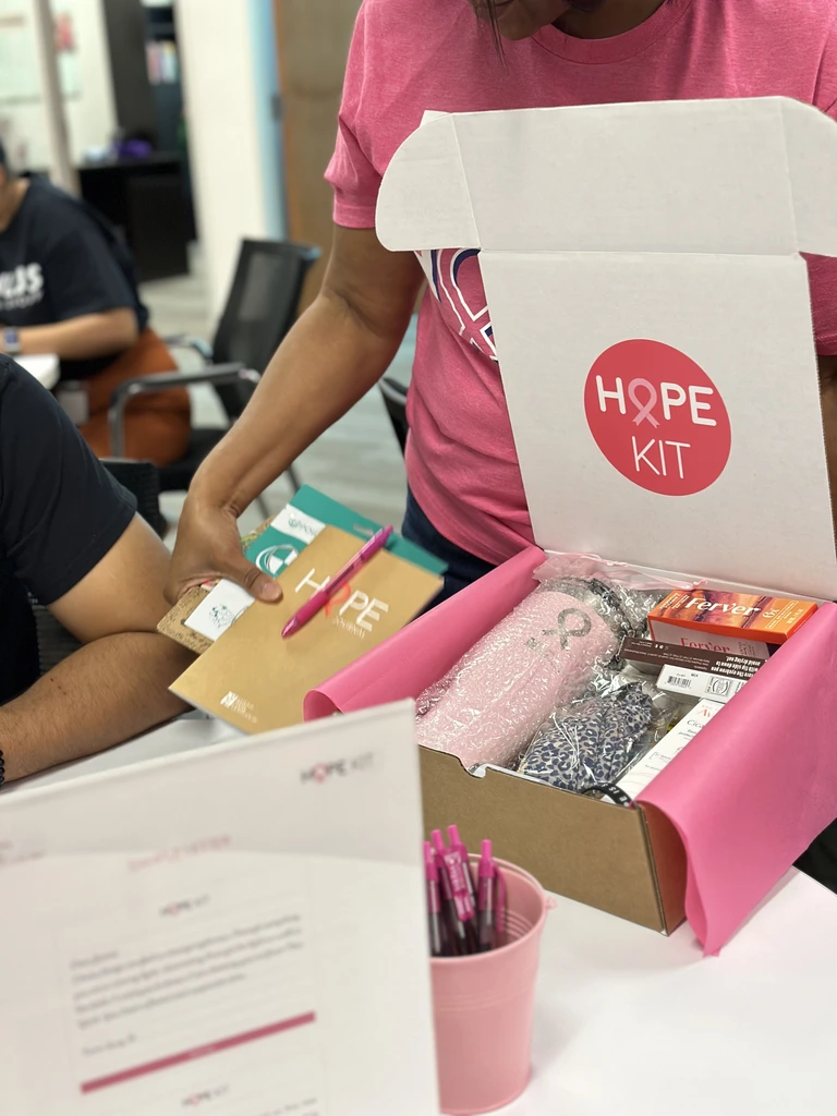 photo of a HOPE Kit being assembled Populus volunteers pack HOPE Kits at NBCF headquarters.